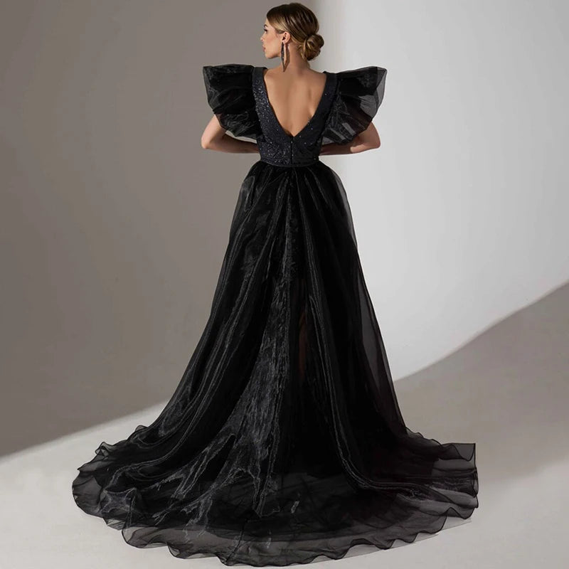 Women's Party Evening Dress Floating Sleeves Fashion Tulle Sequined Backless Bodycon Dress Elegant Slim Fit Black Maxi Dress