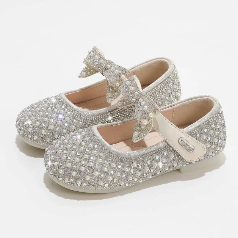 Autumn New Girls Single Princess Shoes Pearl Shallow Children's 2025 Comfortable Flat Shoes Kid Baby Rhinestone Bowknot Shoes