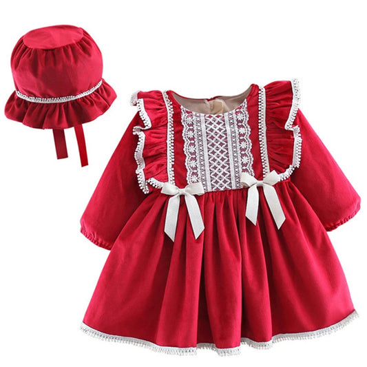 2Piece Winter Baby Dresses Newborn Girls Clothes Cute Fleece Warm Long Sleeve Red Princess Toddler Dress+Hat Kids Clothing BC619