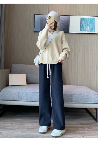 Women Wide Leg Corduroy Pants Autumn Winter Women Basic Elastic Waist Stright Long Pants Casual Female Long Pants Trousers