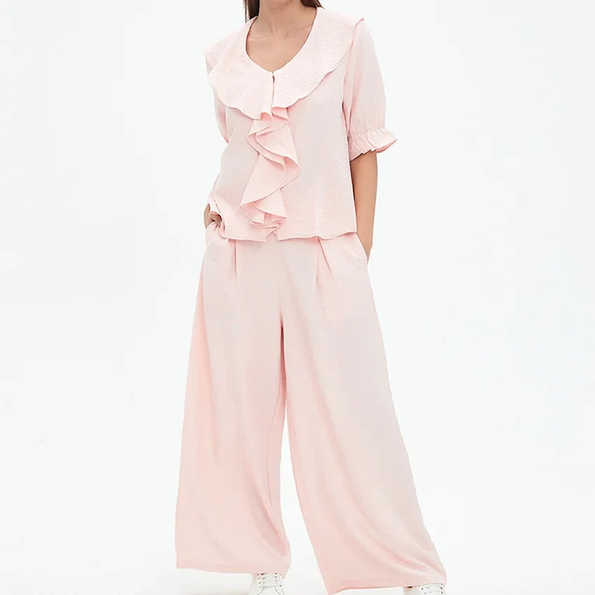 Women Linen Pajama 2 Piece Set Short Sleeve Front Ruffle Shirt PJs Pants Lounge Cute Sleepwear Casual Homewear Set