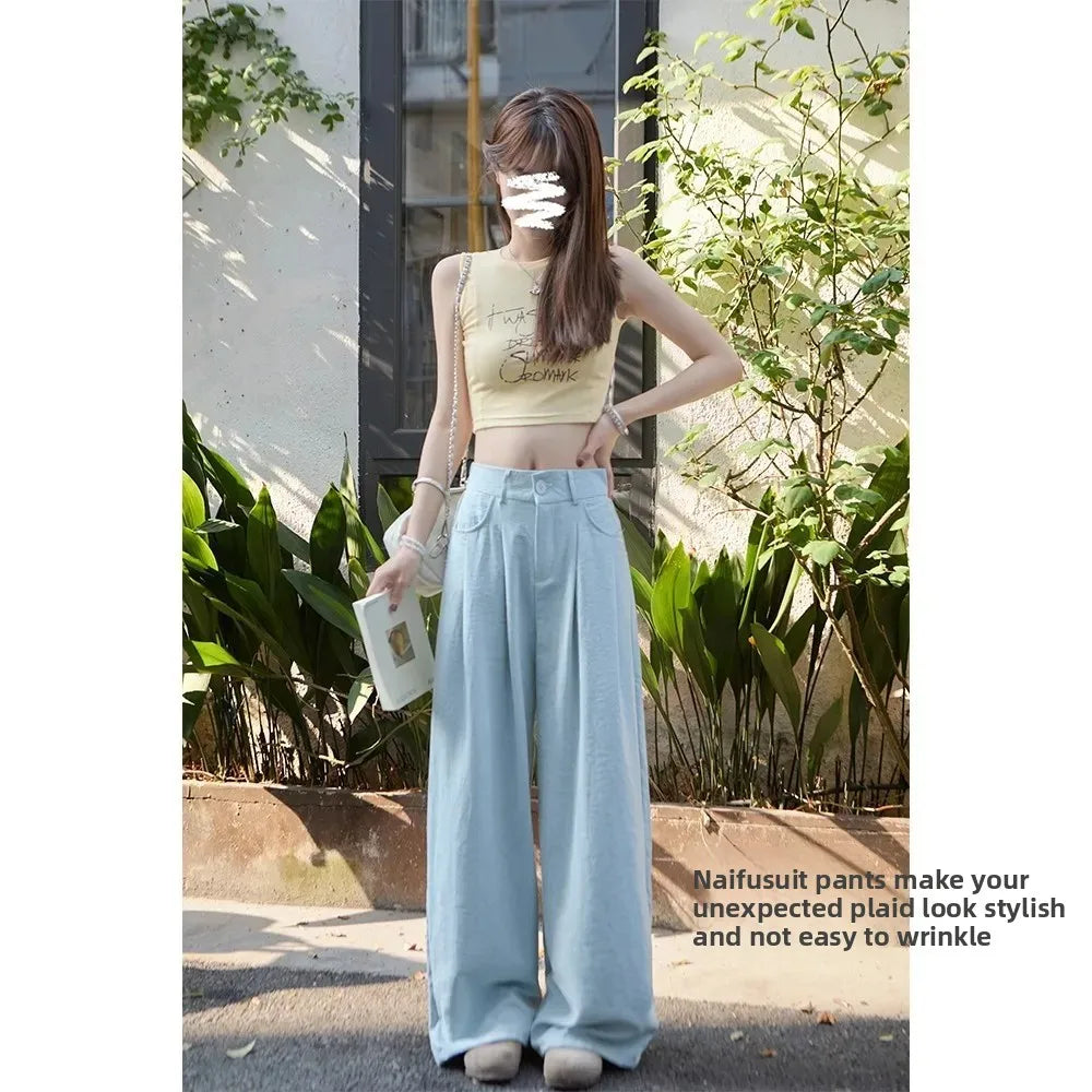 Ice Silk Drapey Wide Leg Pants Women's Summer Thin New Style Beige Color Nine Points Long Trousers Comfortable Fit Female Pants