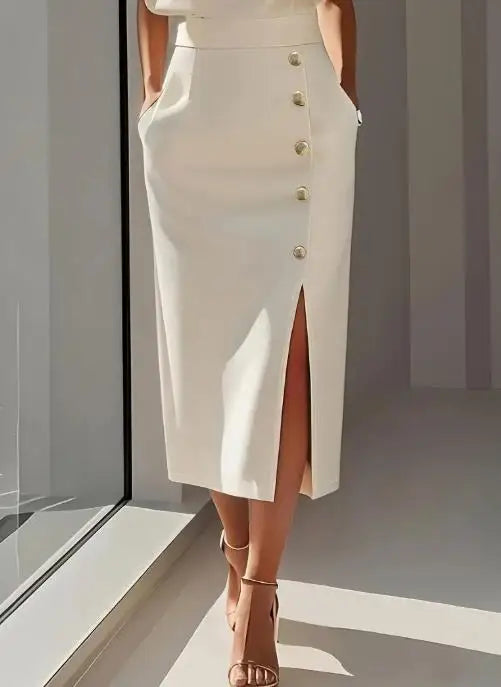 Women's Elegant High Waist Dresses  Autumn New Fashion Temperament Solid Color Round Neck Button Decor Slit Dress for Women