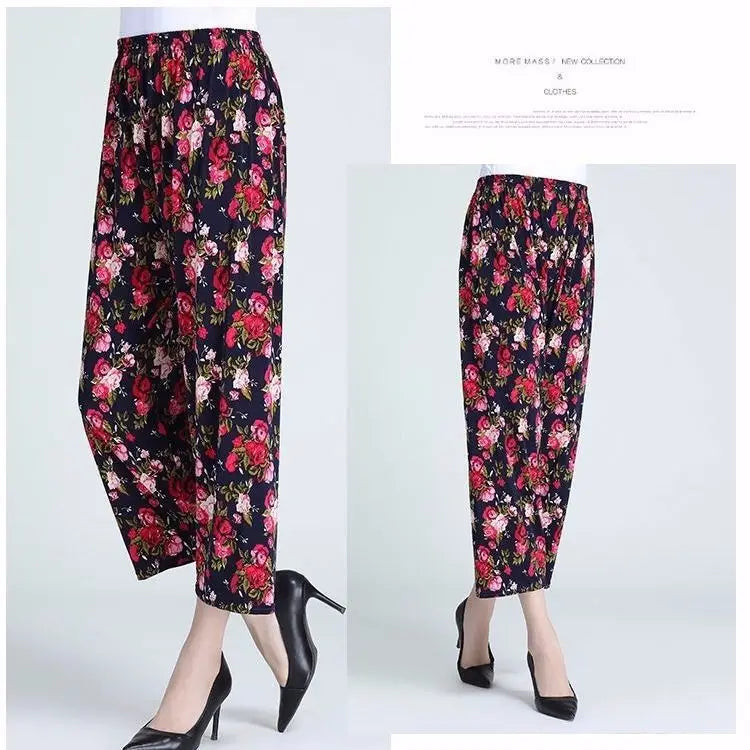 Summer Ladies Ice Silk Loose Casual Home Pants Elastic plus Size Mom Square Sports High Waist Straight Leg Length Nine Points