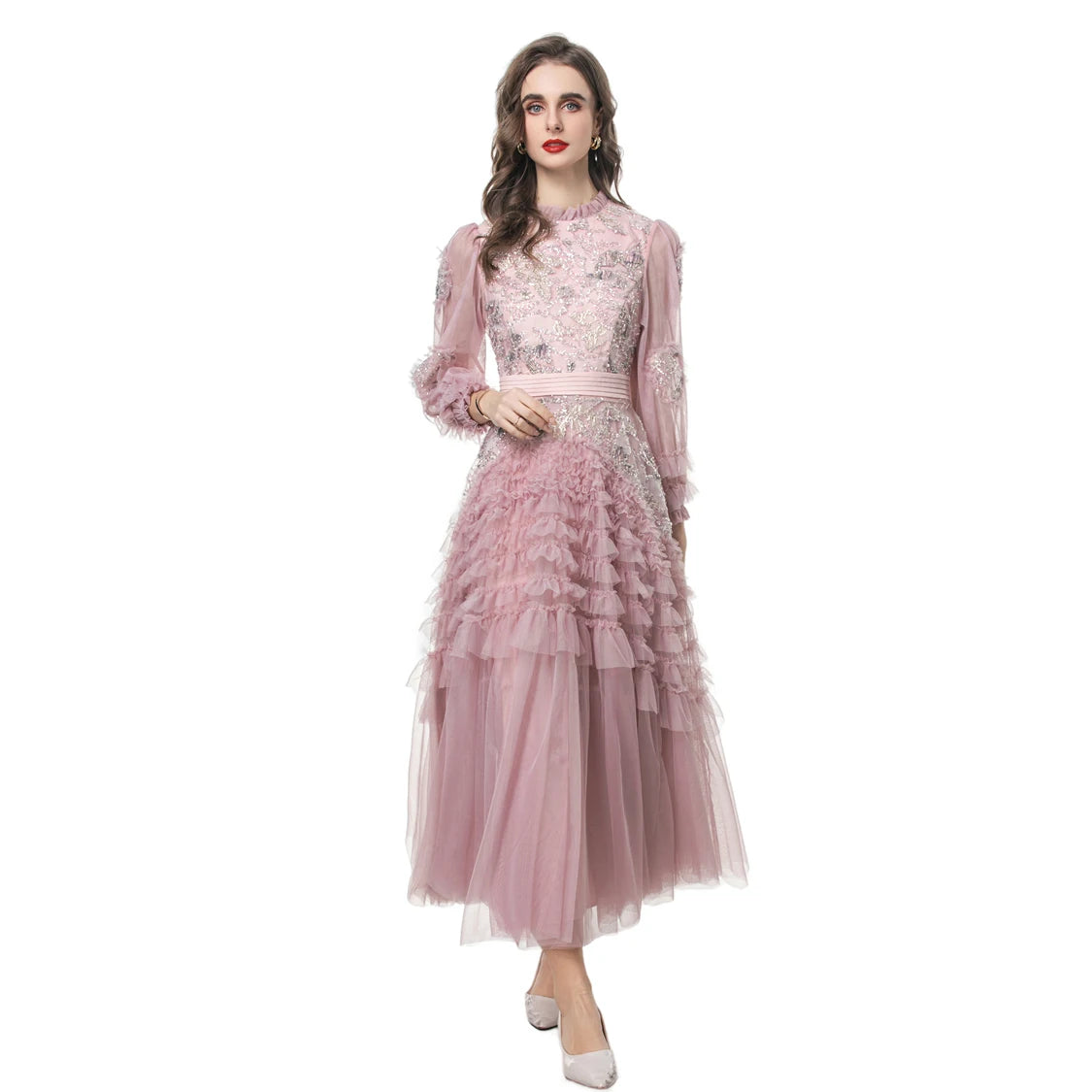 Women's Dresses O Neck Long Sleeves Beaded Tiered Ruffles Elegant Designer Lolita Party Vestidos