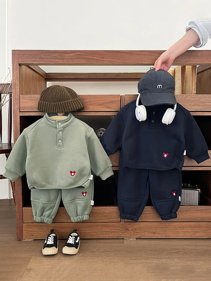 2024 Winter New Baby Boys Fleece Sweatshirt + Sweat Pants 2pcs Suit Infant Plus Velvet Thick Clothes Set Toddler Warm Outfits