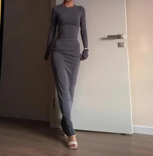 Womens Dresses  Spring Autumn New Fashion Sexy Skinny Hip Hugging Comfortable Solid Color Casual Round Neck Long Dress