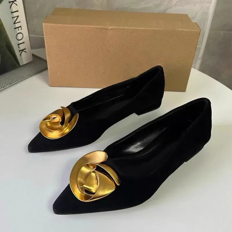 Elegant Office Women's Dress Shoes  Summer New Black Shallow Pointed Toe Fashion Metal Flower Comfortable Ladies Flats