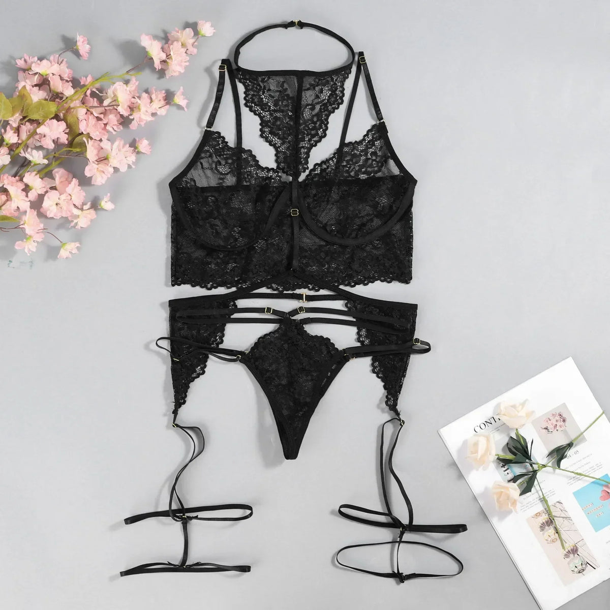 Porn Women Sexy Lingerie Sets Lace Halter Bra Bodysuit Garter Underwear Intimate Erotic Babydolls Sex Costumes Set
