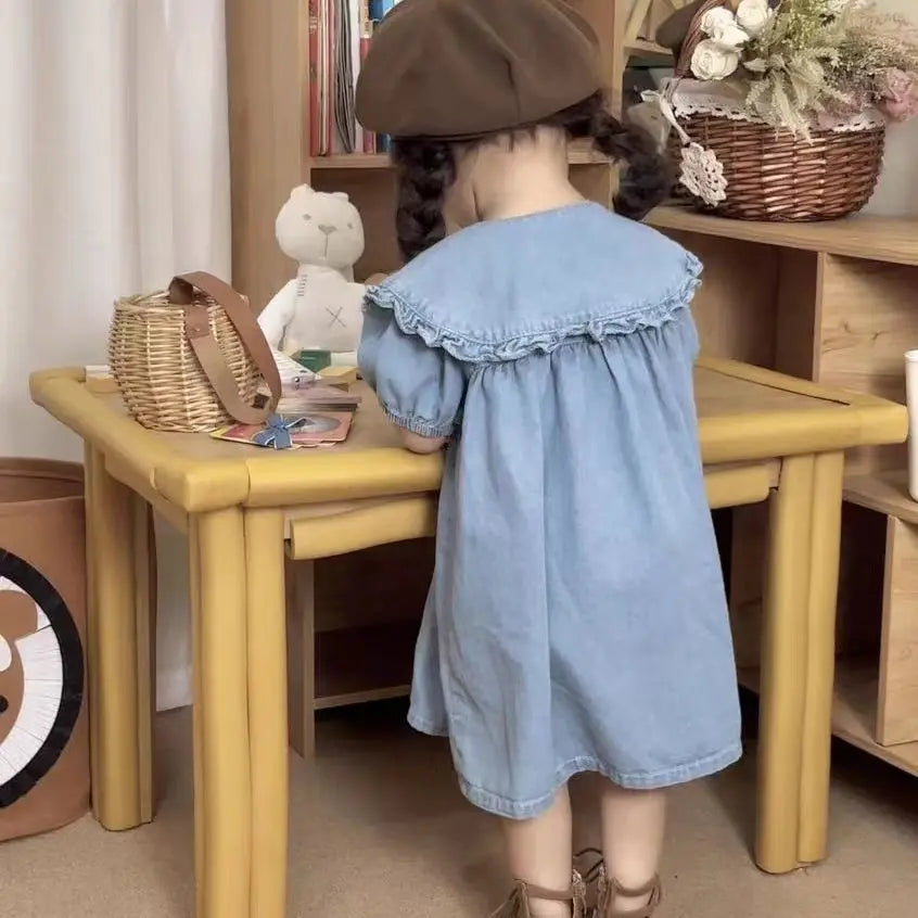 Children's Dress Summer Girl's Fashionable Bubble Sleeves Denim Dress Baby Cotton Short Sleeves Flip Collar Princess Dress