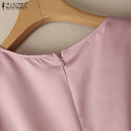 ZANZEA Elegant Woman Party Dresses Shiny Satin Round Neck Short Sleeve Fabric Flower A-line Robes Femme Fashion Midi Vestidos