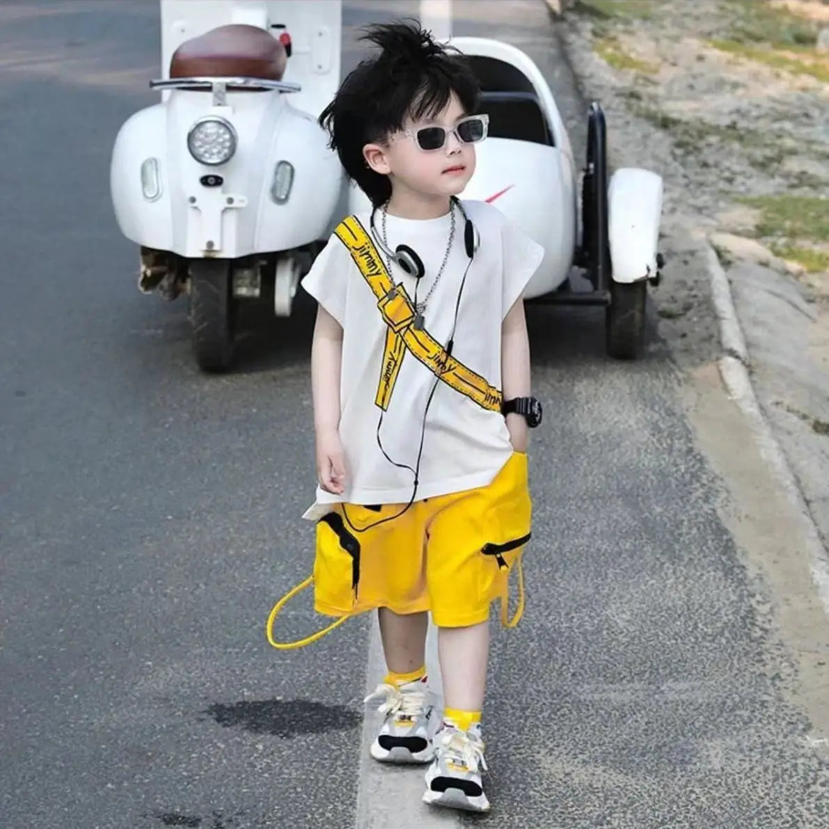 Korean Kids Outfit  Boys Summer Sports Set Outdoor Clothes for Children Pure Cotton Sleeveless T-shirt Shorts Two-piece Set
