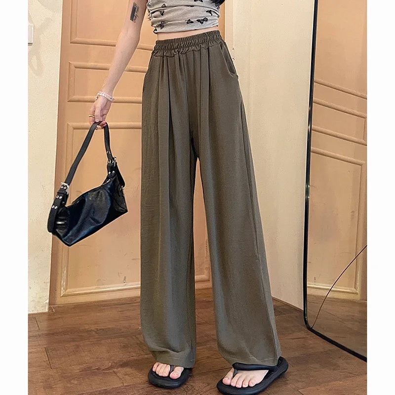 Summer Women Sweet Colorful Ice Silk Pants Lady Baggy Versatile Elastic Straight Leg Trousers Female Wide Leg High Waisted Pants
