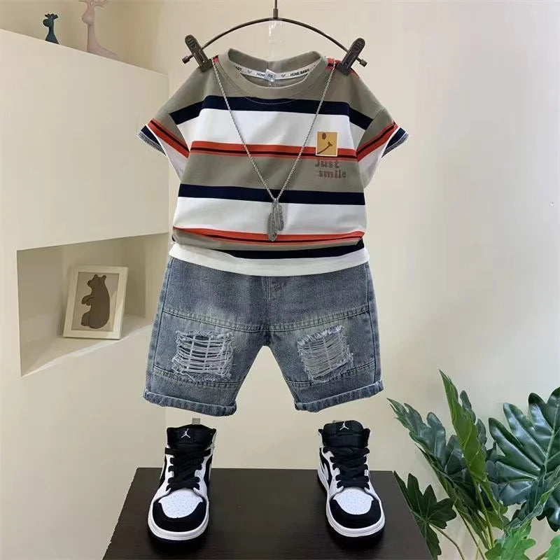 Boys Summer  New Boutique Design Outfits Cotton Set Baby Boys Short Sleeve Shirt Jeans Shorts 2pcs Clothing Children 6 7 8Y