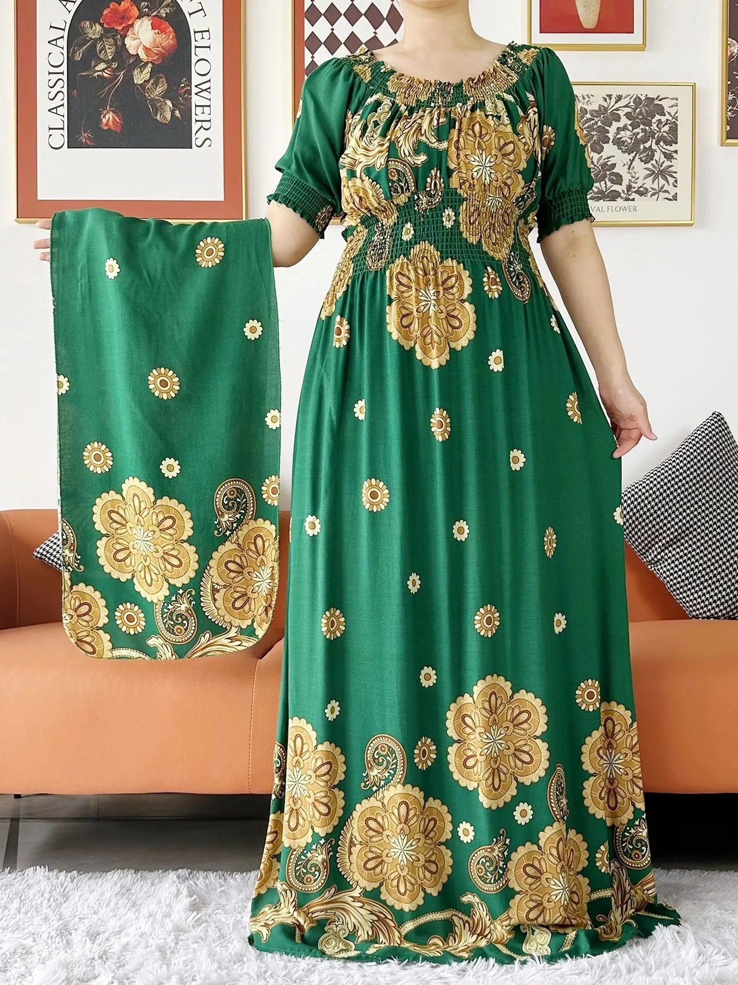 Women Party Dress Muslim Summer Short Sleeve Long Dress Collect Waist Floral Boubou Maxi Islam Women Dress African Abaya Clothes