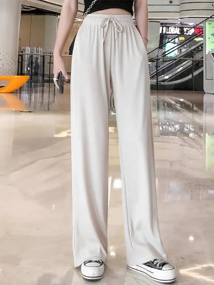 New Women Ankle-Length Wide Leg Pants Casual Summer Solid Elastic Waist Loose Ice Silk Pants Spring Summer Female Trousers