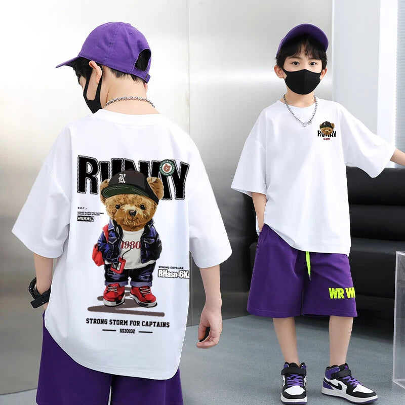 Summer 100% Cotton Boys Blue T-shirt Cool Graffiti Printed Girls Tees Short Sleeve Children Tops High Quality Kids Clothes