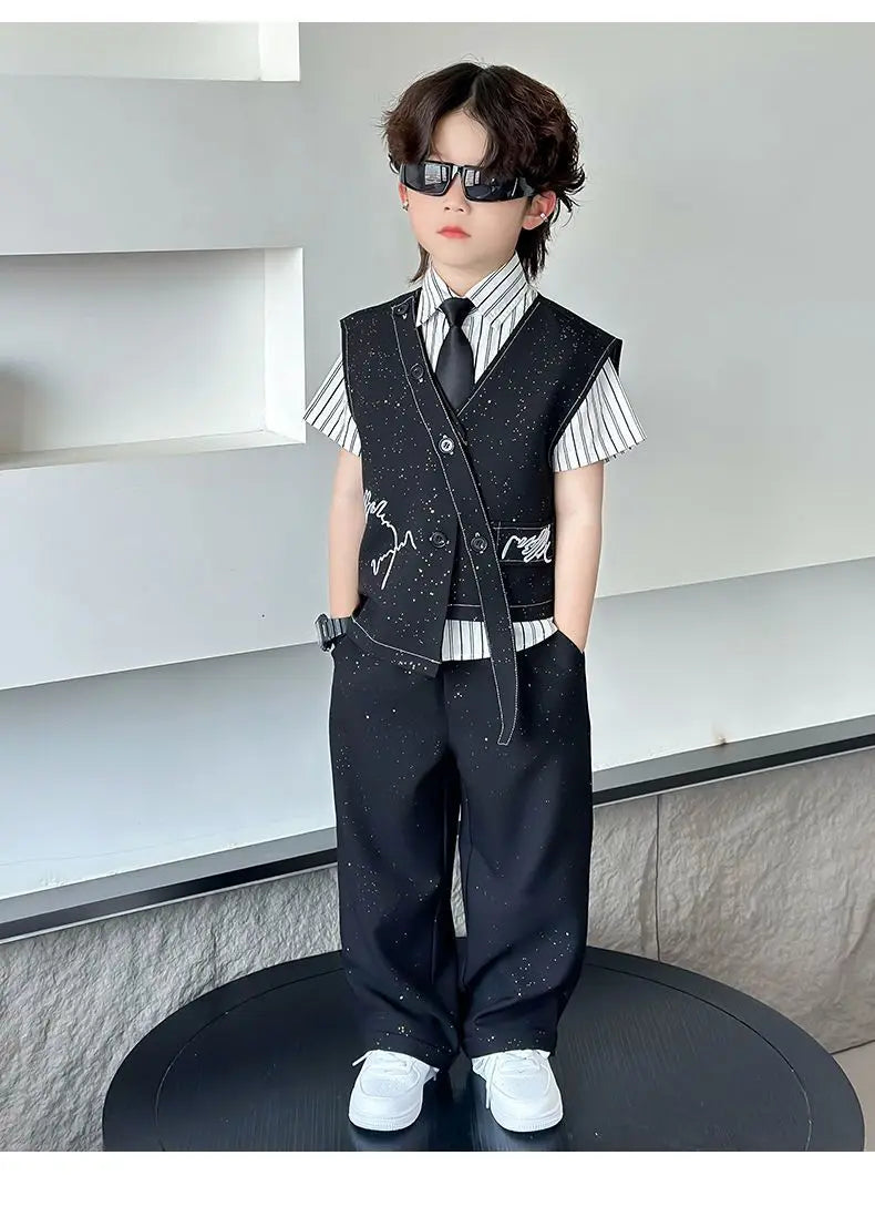 Spring Boy Retro Stripes TShirt+Pants Shorts+Vest Kid Children baby Gentleman Handsome Streetwear Party Clothes