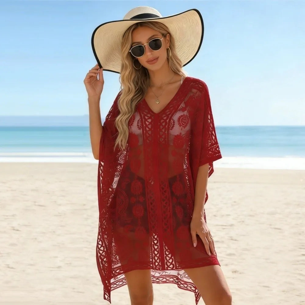 Breathable Lace Mesh Sunscreen Beach Cover Up Plus Size Casual Bohemian Shawl Transparent Floral Swimsuit Cover Up Vacation