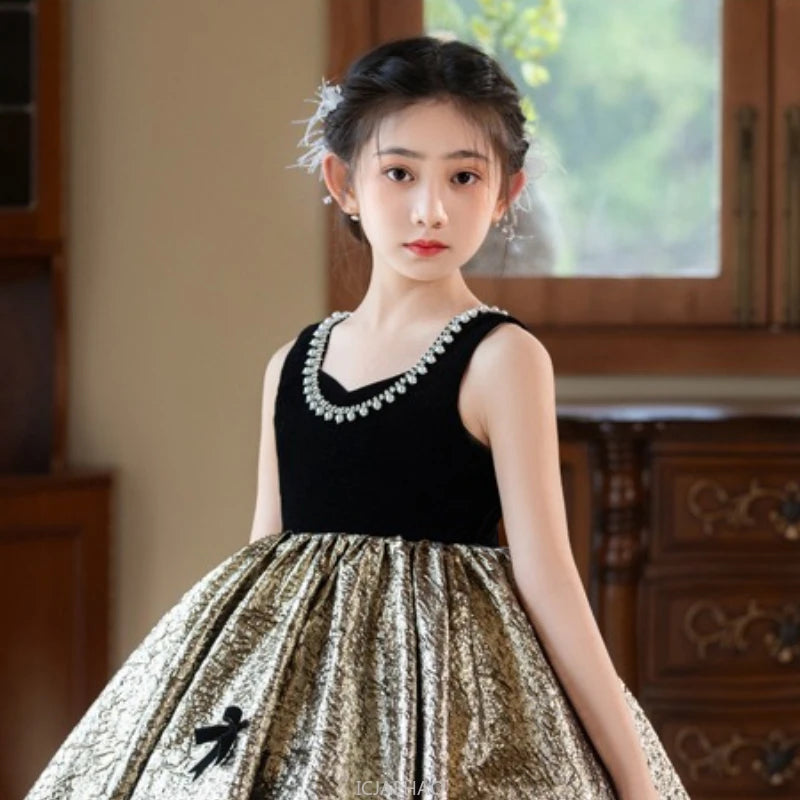 Party Dress Black Girls Evening Princess Gown Kids  Outfit Fashion Show Formal Wear Pageant Host Piano Recital Performance