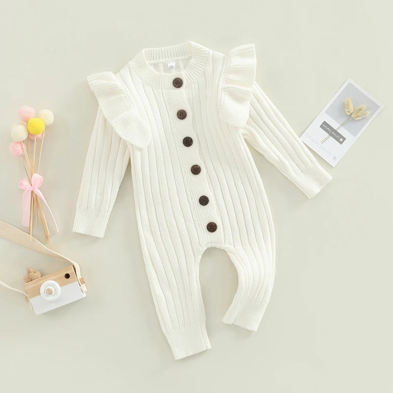 New  Winter Baby Girl’s Knitted Long Sleeve Sweater Jumpsuit Fashion Solid Color Round Neck Ruffles Button Warm Romper Outfits (Available)