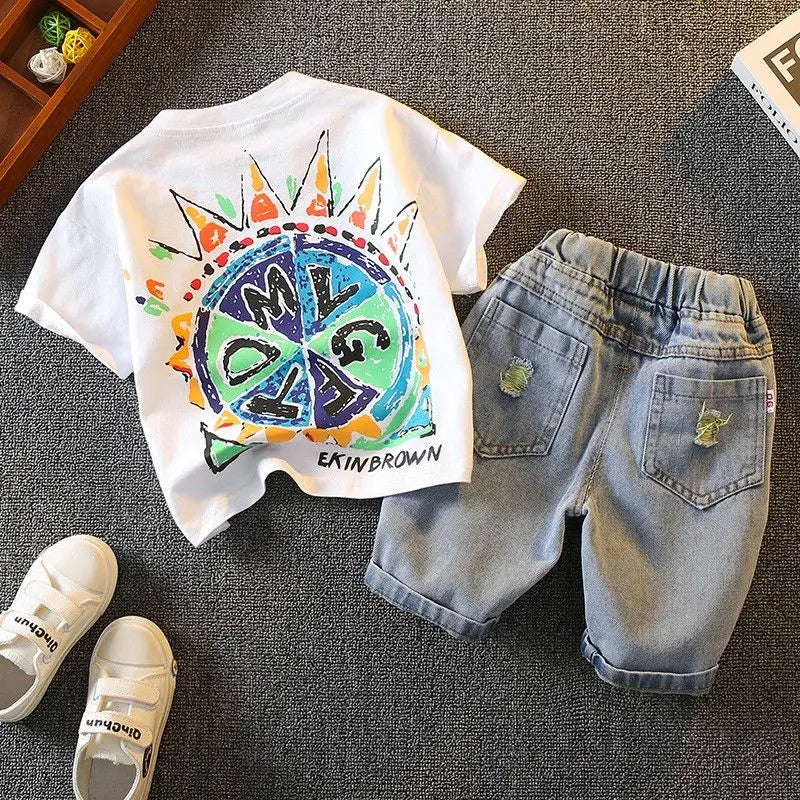 Children Clothing Korean Cotton Short Sleeve Print Shirt+Shorts Set for Toddler Boy Baby Summer Thin Casual Fashion Outfit