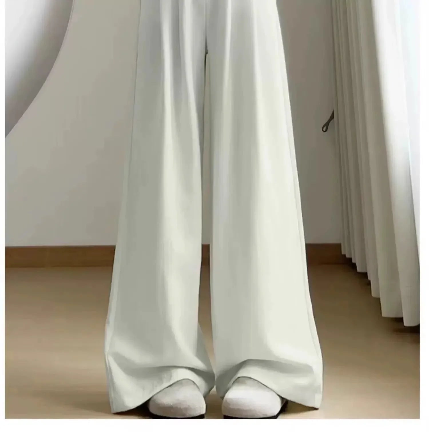 Ice Silk Drapey Wide Leg Pants Women's Summer Thin New Style Beige Color Nine Points Long Trousers Comfortable Fit Female Pants