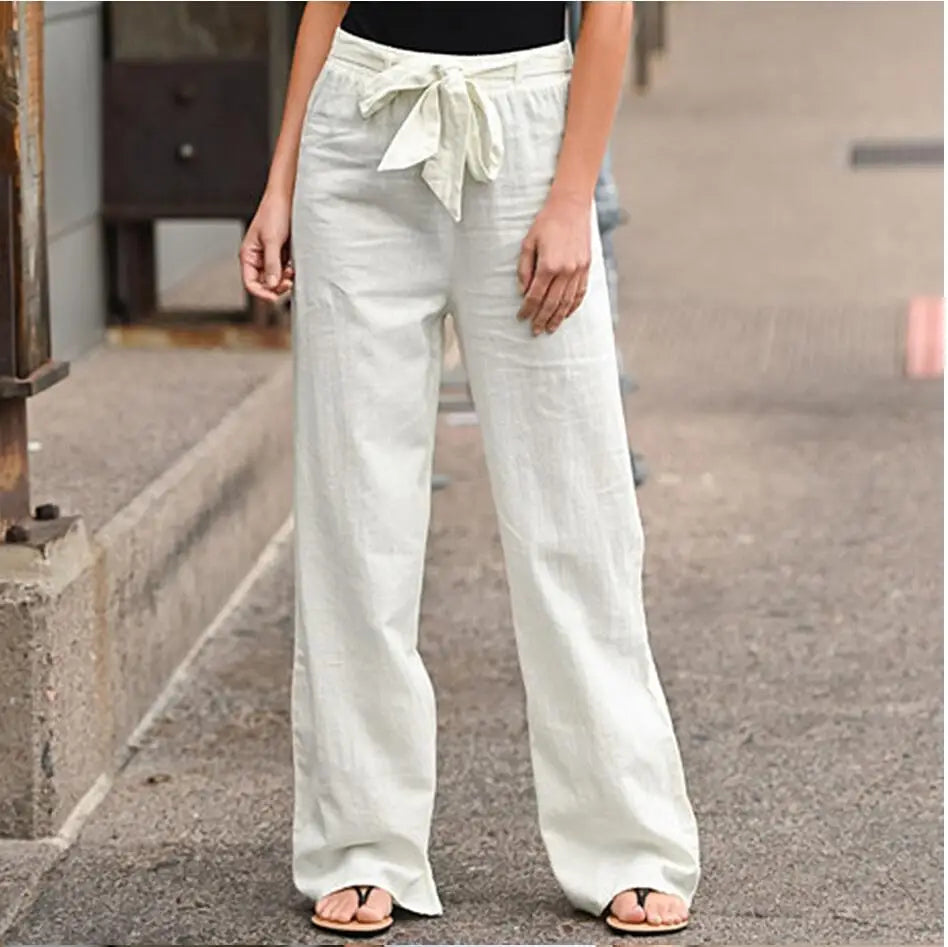 Women Cotton Linen Loose Pants Summer High Elastic Waist Drawstring Wide Leg Trousers JYFS-HS1435