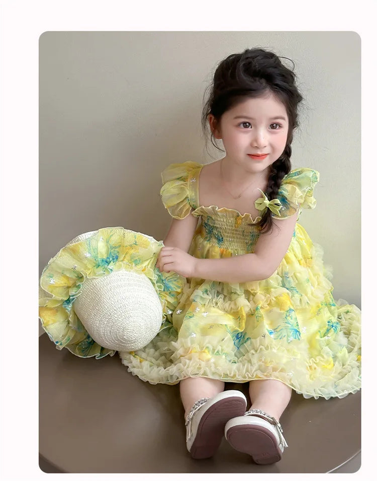 Girl Summer Mesh Dress Doll Baby  Kids Back Butterfly Flower Suspender Princess Dress Fashion Casual