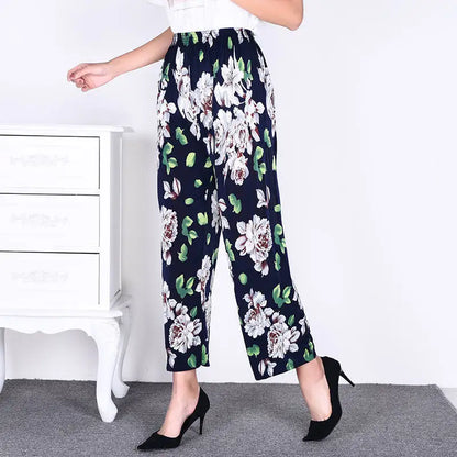 High Waist Floral Pants Straight Leg Home Leisure Women's plus Size High Elasticity Air Conditioning Pants Casual Trousers