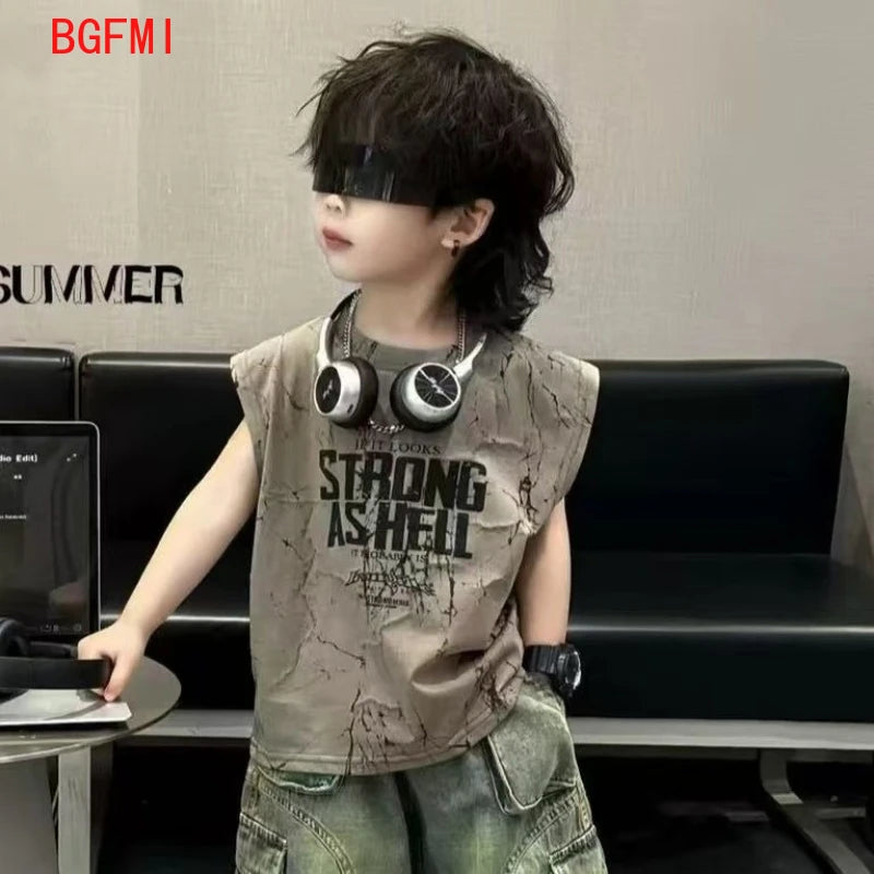 Kids Boy New Outfit Set Korean Children's Summer Clothing Denim Shorts +Thin Tie Dye Vest Sleeveless T-shirt 2-piece Set