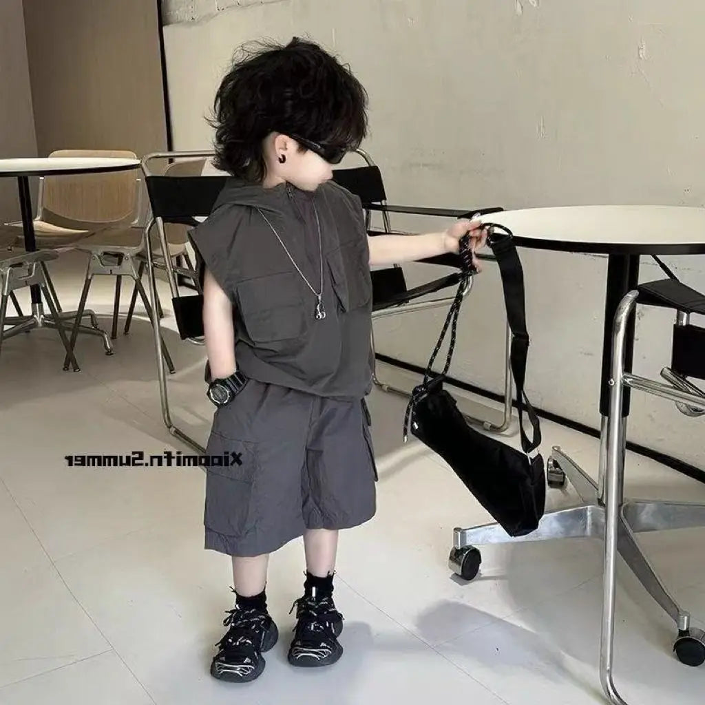 Boys Summer Two-Piece Set Cool Handsome Short-Sleeved Top And Shorts Children's Outfit