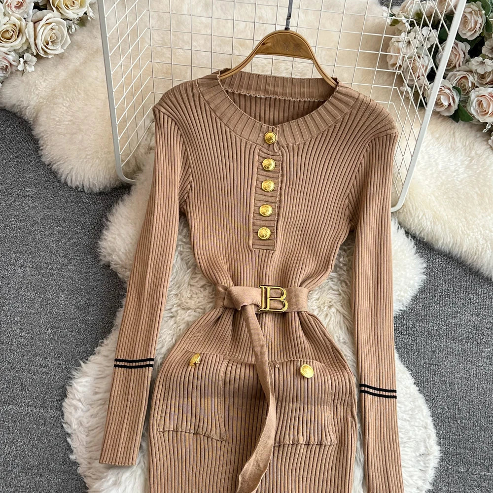Women Dress  Autumn Winter Elegant Rib Knit Long Pencil Dress with Belt Office Lady Bodycon Sweater Dress Vestidos