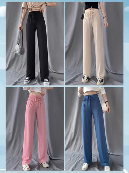 2024 New Women Ankle-Length Wide Leg Pants Casual Summer Solid Elastic Waist Loose Ice Silk Pants Spring Summer Female Trousers