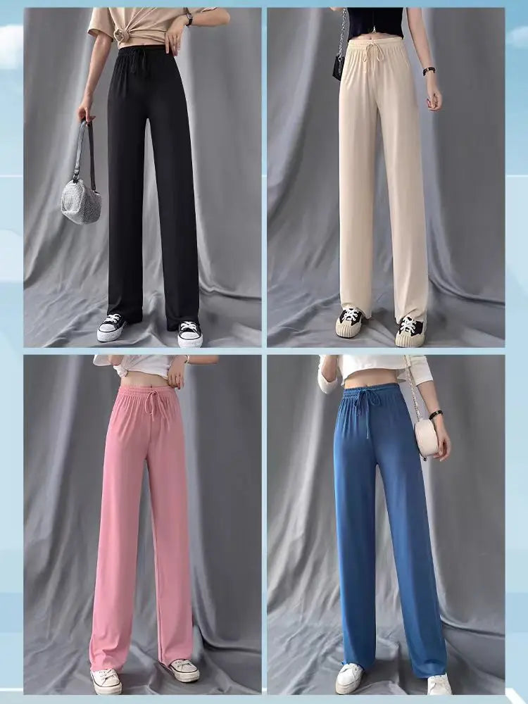 New Women Ankle-Length Wide Leg Pants Casual Summer Solid Elastic Waist Loose Ice Silk Pants Spring Summer Female Trousers