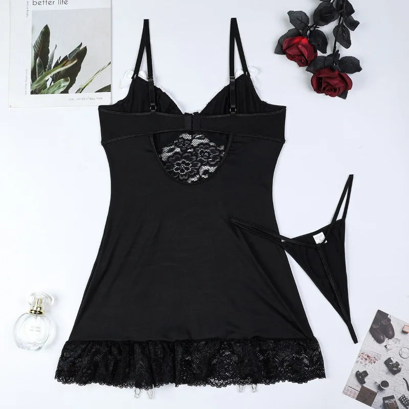 Sexy Babydolls Lace Temptation Night Dress Thong Two Piece Set Women's Exotic Underwear Hot Sexy Floral Lace Bow Lingerie Sets