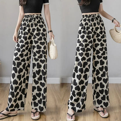 Thai Print Heart Wide Leg Pants Women Summer Thin Loose plus Size High Waist Slimming Long Trousers Casual Fashion plus Size
