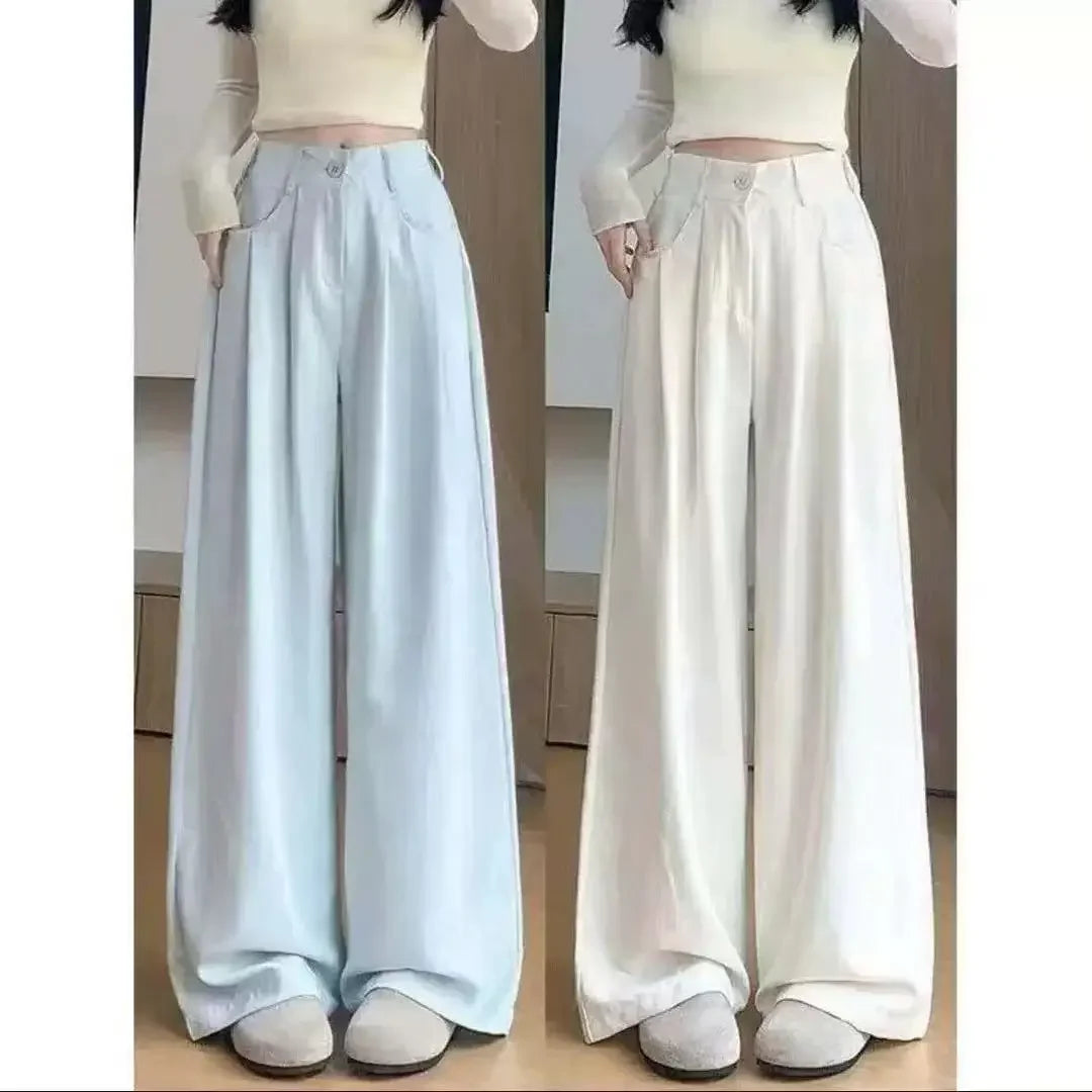 Ice Silk Drapey Wide Leg Pants Women's Summer Thin New Style Beige Color Nine Points Long Trousers Comfortable Fit Female Pants