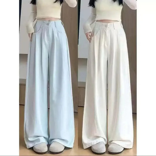 Ice Silk Drapey Wide Leg Pants Women's Summer Thin New Style Beige Color Nine Points Long Trousers Comfortable Fit Female Pants