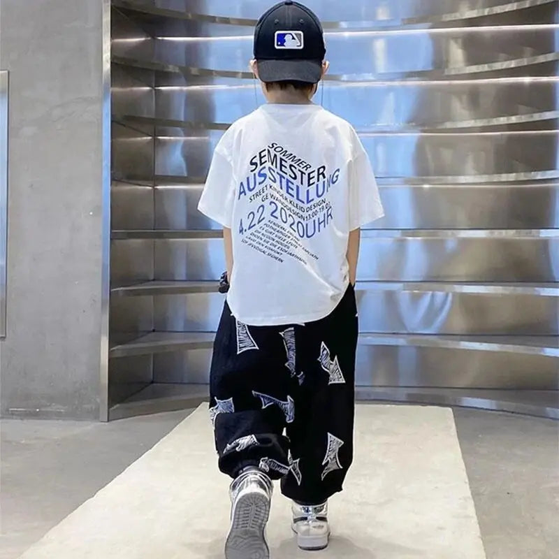 Children's Summer Set Korean Version Boy Hip Hop Loose Short Sleeve T-shirt Casual Mosquito Pants 2-piece Set