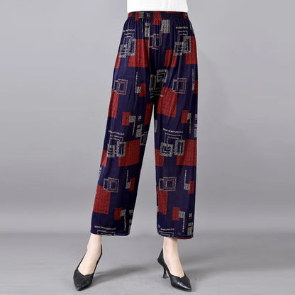 Summer Ladies Ice Silk Loose Casual Home Pants Elastic plus Size Mom Square Sports High Waist Straight Leg Length Nine Points