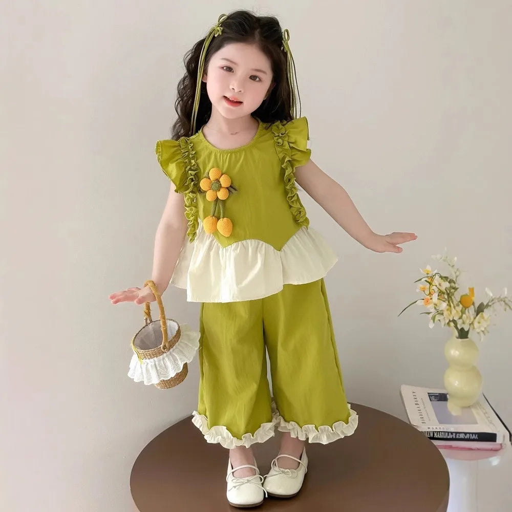 Summer Girls Fashion Cute Sleeveless O-Neck Flower Decoration Top + Pant 2 Pcs Set  Kids Casual Clothes Korean Version