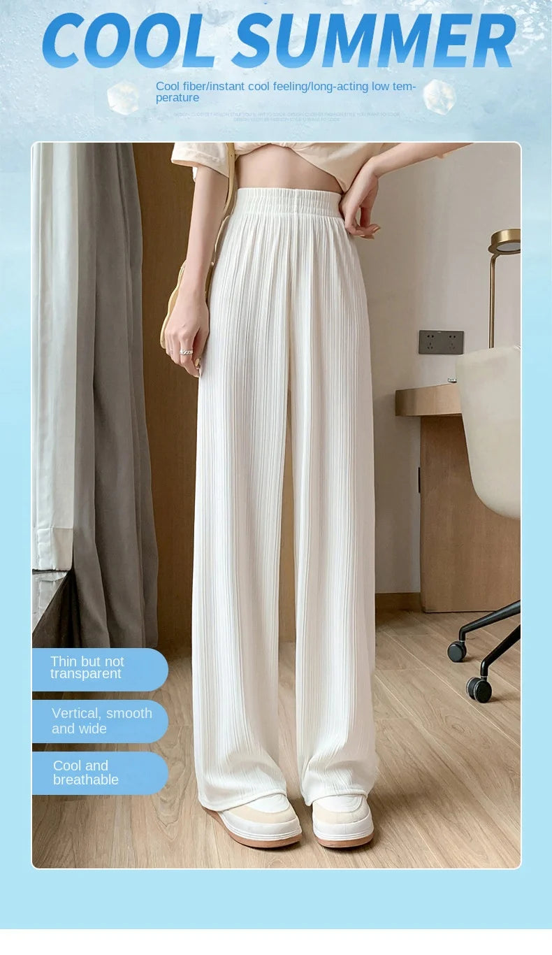 Thin Summer Wide-leg Pants Ice Filament Permeability Women Spring  Women Elastic Waist Stright Long Wide Leg Pants Casual Female