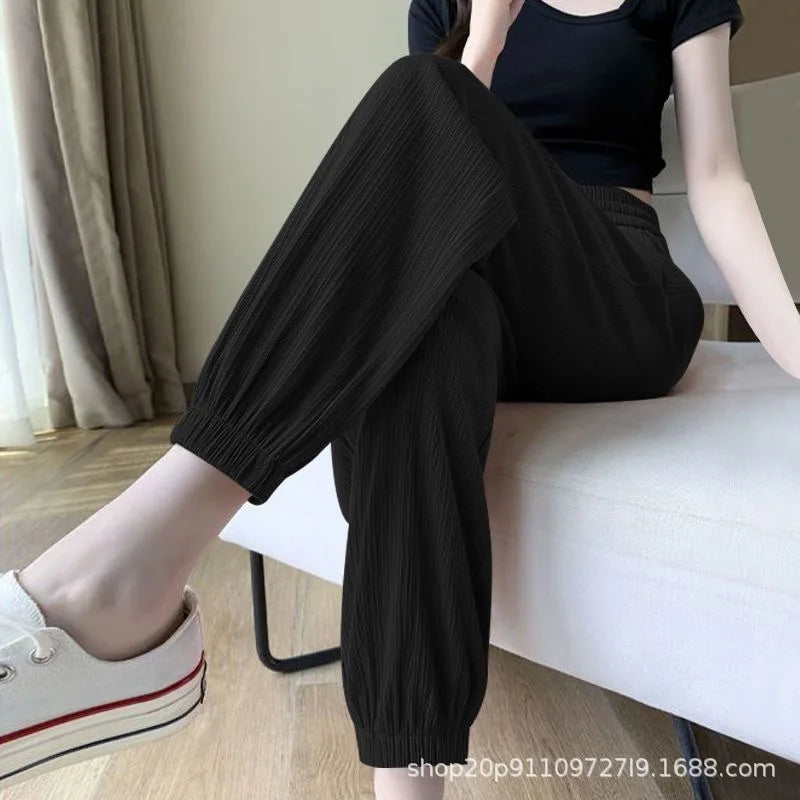 Ice Silk Wide Leg Pants Women's Spring Summer Autumn Thin High Waist Loose Straight Casual Long Trousers Comfortable Polyeste...