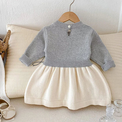 2024 New Autumn Kids Princess Dresses Long Sleeved Knitted Splicing Baby Girl Knitting Party Dress Children Knitting Clothes