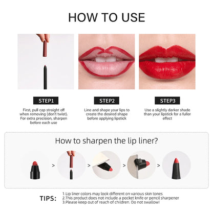 Lipliner Pencil Waterproof Matte Red Contour Tint Lipstick Long Lasting Non-stick Cup Moisturising Lips Makeup 12 Colors