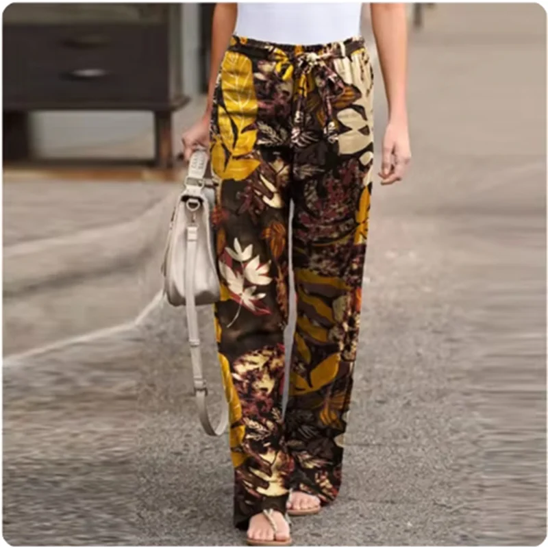 Women's Vintage Casual Printed Art Pants Pocket Strap Straight Leg Loose Comfortable Pants