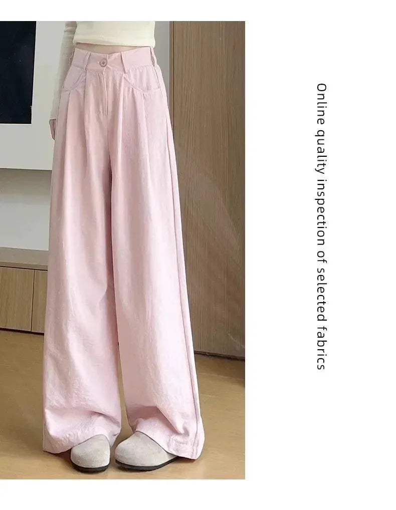 Ice Silk Drapey Wide Leg Pants Women's Summer Thin New Style Beige Color Nine Points Long Trousers Comfortable Fit Female Pants