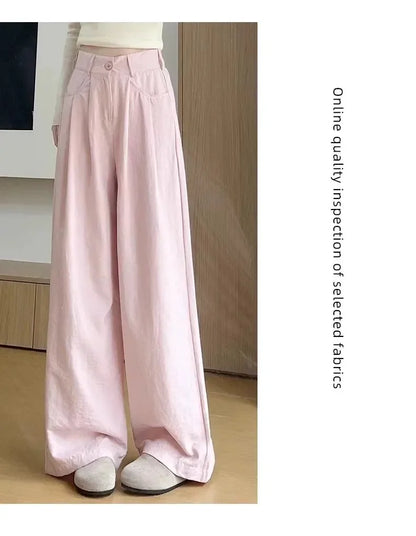 Ice Silk Drapey Wide Leg Pants Women's Summer Thin New Style Beige Color Nine Points Long Trousers Comfortable Fit Female Pants