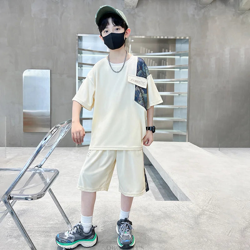 Boys Summer Suit Kids Short Sleeve T-Shirt Sports Casual Outfits for Teenage Boy Clothing Sets With Cartoon Bear